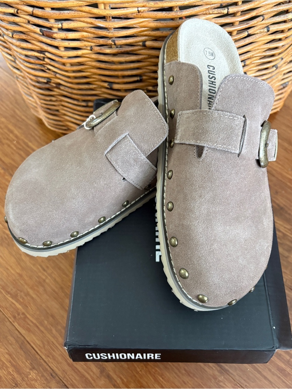 NWT! Cushionaire Taupe Suede Slip-On Clog Mule with Buckle and Studs Birky 7.5 - Picture 7 of 10